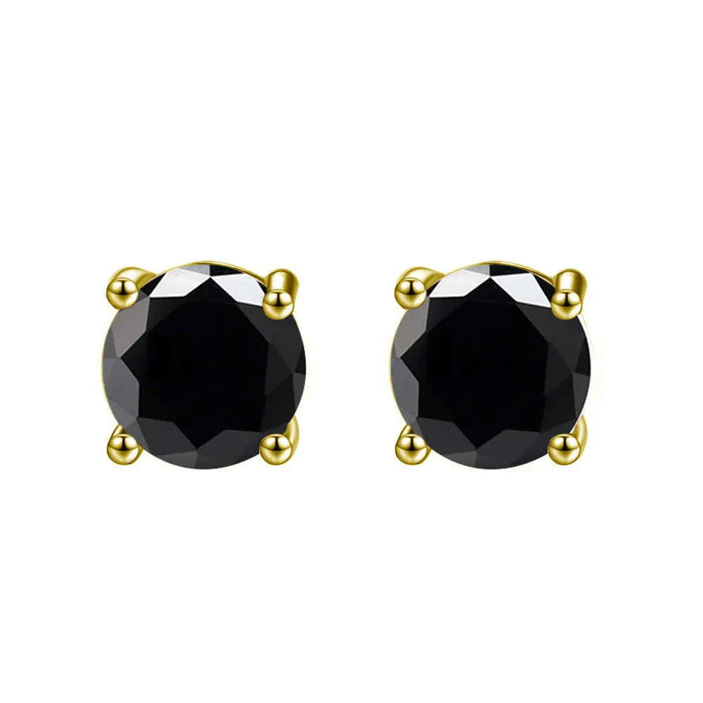 14k Yellow Gold Plated 3 Carat Round Created Black Sapphire Stud Earrings