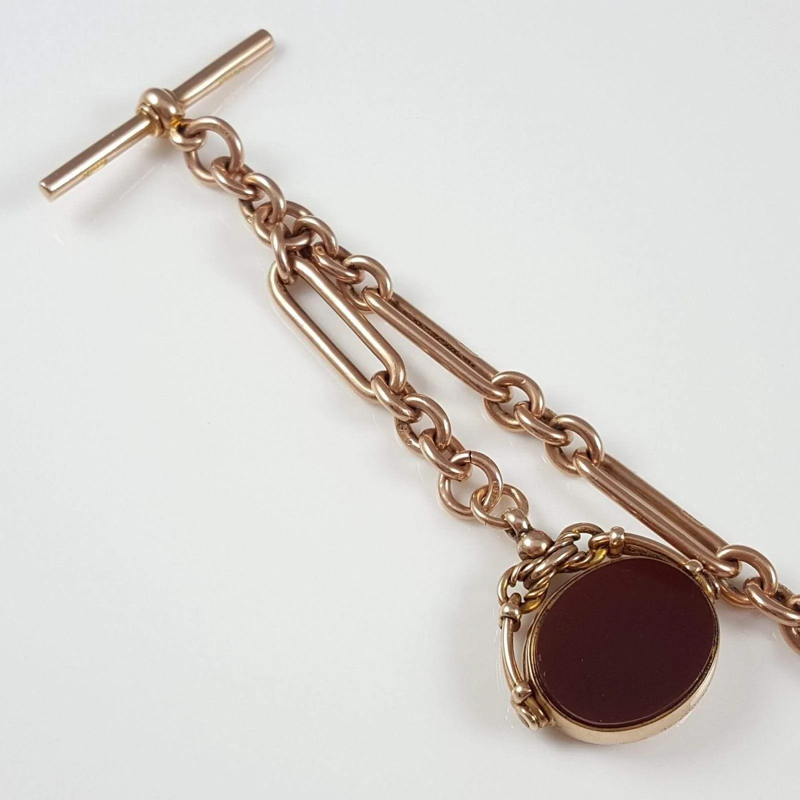 9ct Rose Gold Albert Watch Chain and Carnelian Fob 44.6 Grams