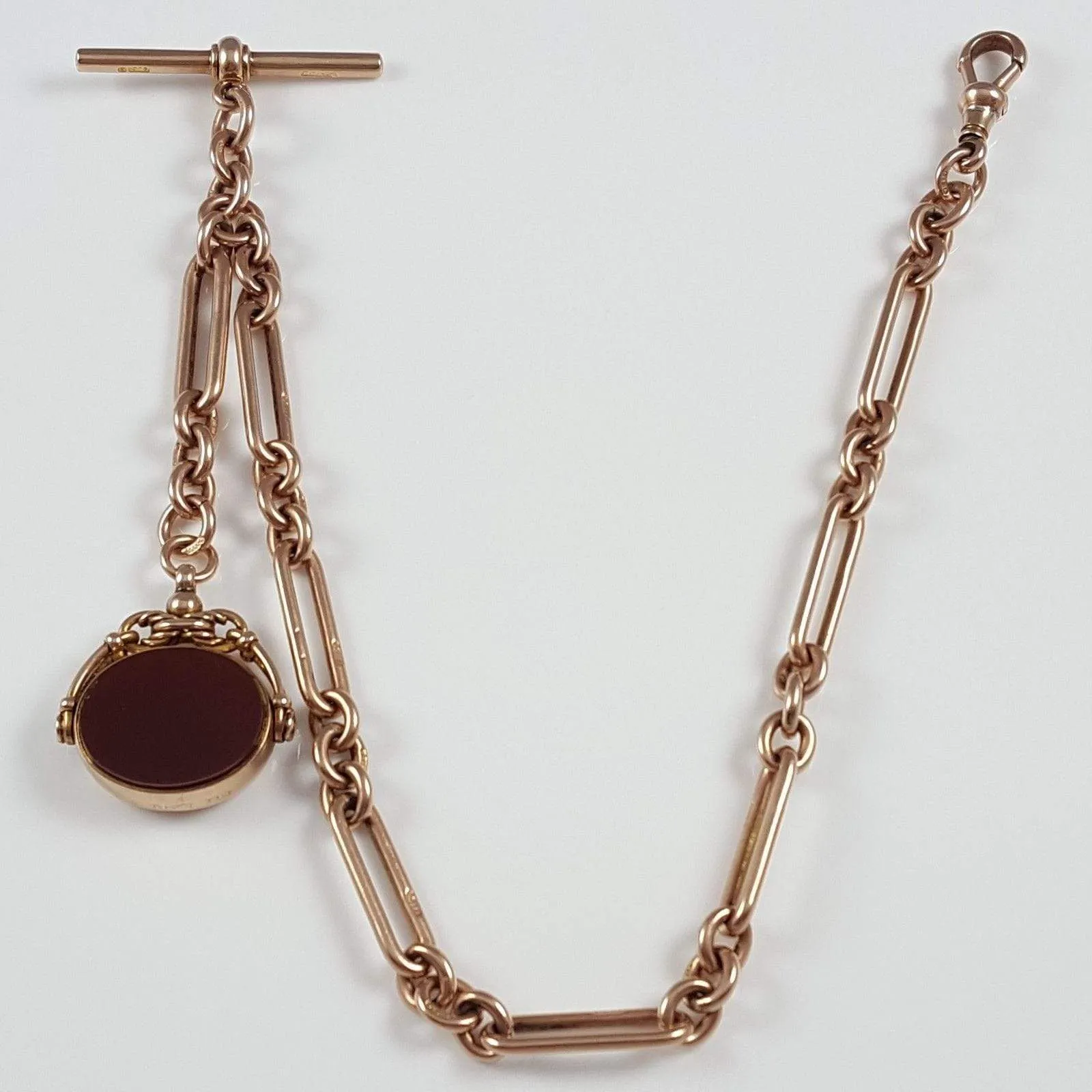 9ct Rose Gold Albert Watch Chain and Carnelian Fob 44.6 Grams