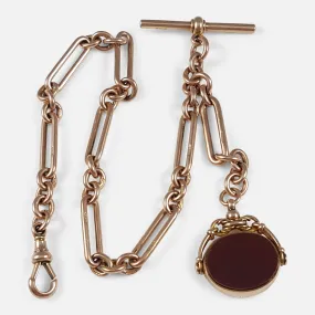 9ct Rose Gold Albert Watch Chain and Carnelian Fob 44.6 Grams