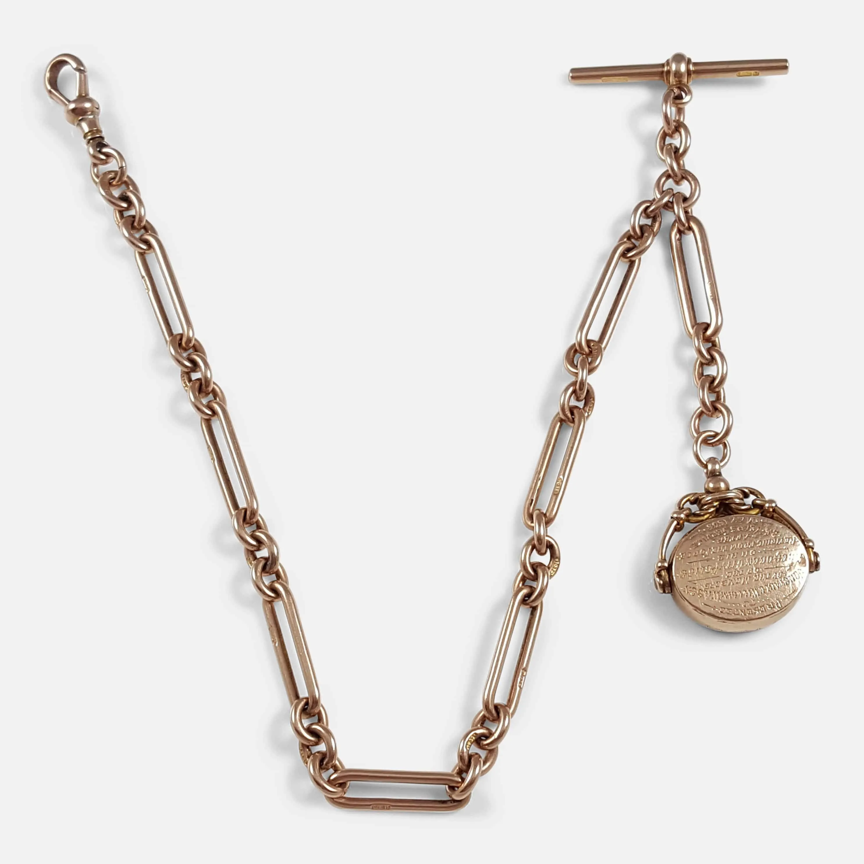 9ct Rose Gold Albert Watch Chain and Carnelian Fob 44.6 Grams