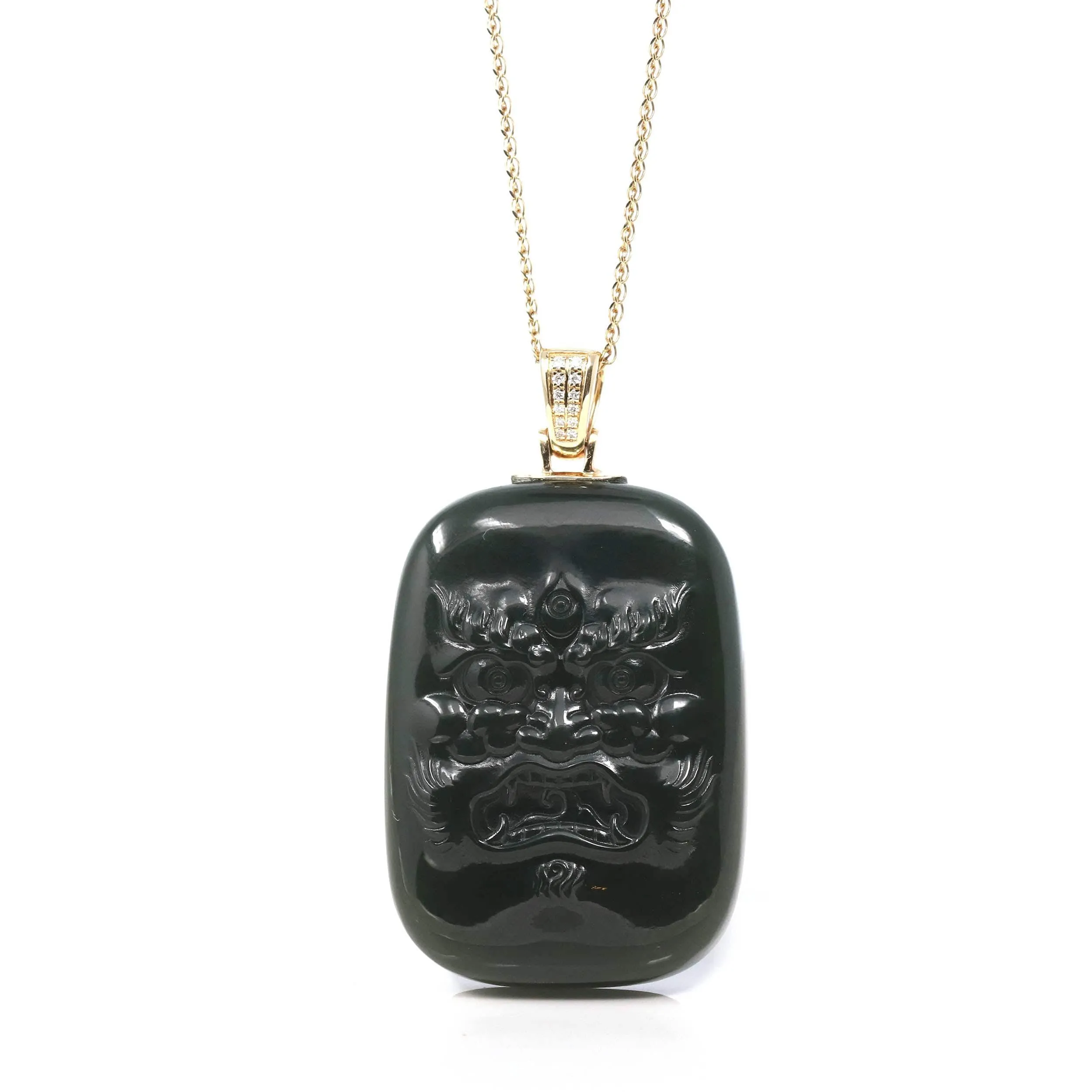 Baikalla™ 14K Yellow Gold Genuine Nephrite Black Jade "Demon Hunter" Pendant Necklace