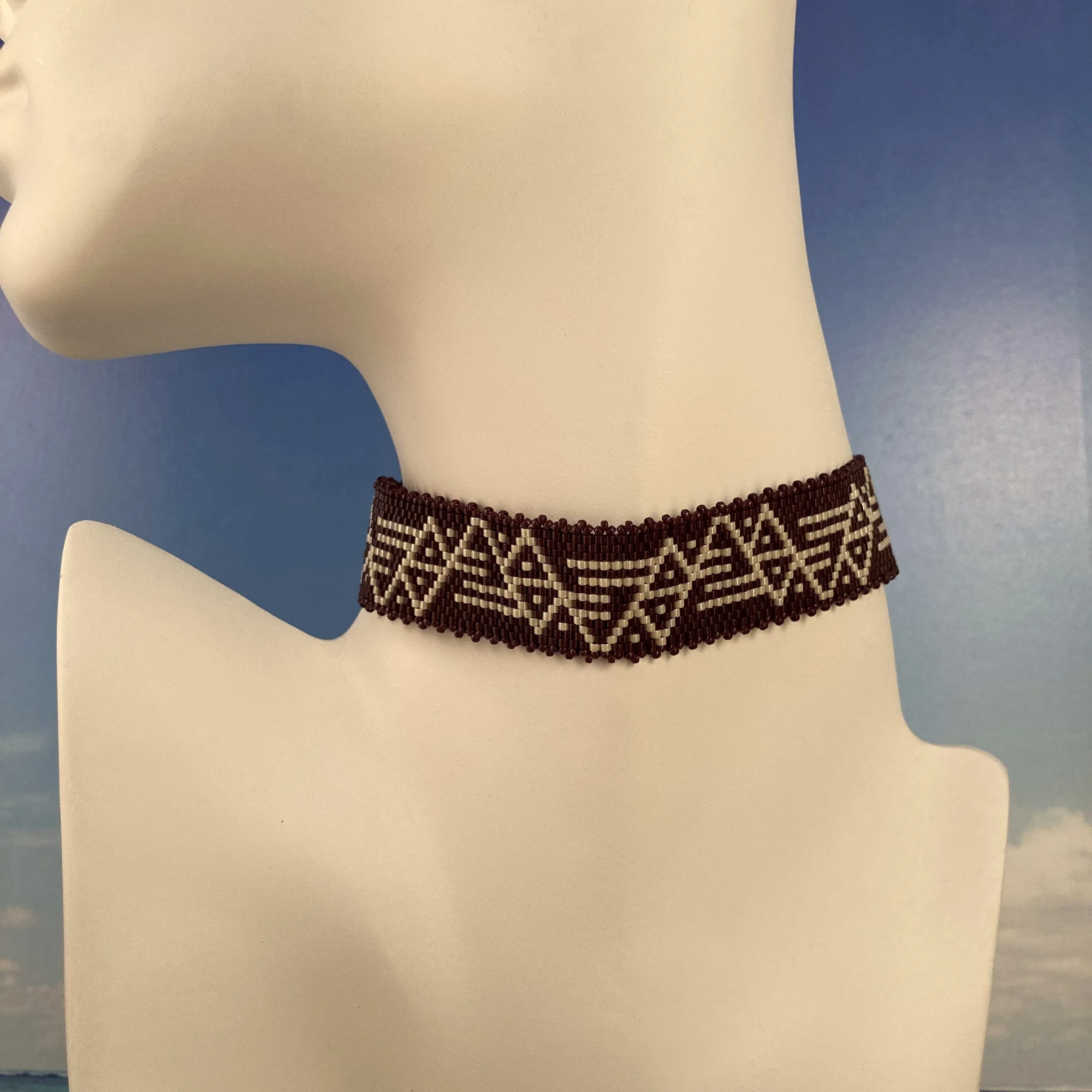 Beaded Choker Mudcloth Design in Brown and Cream Beige