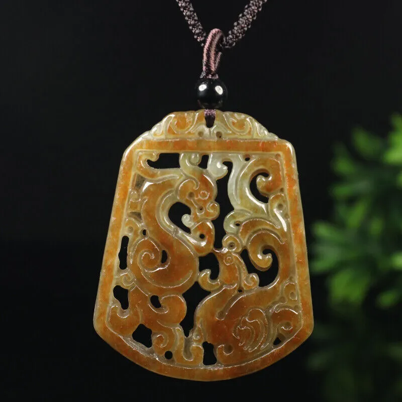 Certified Grade A Red Green Natural Jadeite Jade Pendant Dragon Phoenix Necklace