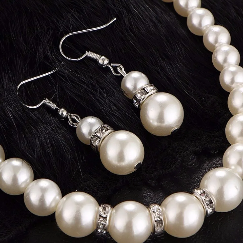 Cultured Freshwater White Pearl Necklace Bracelet and Drop Earring Jewelry Set
