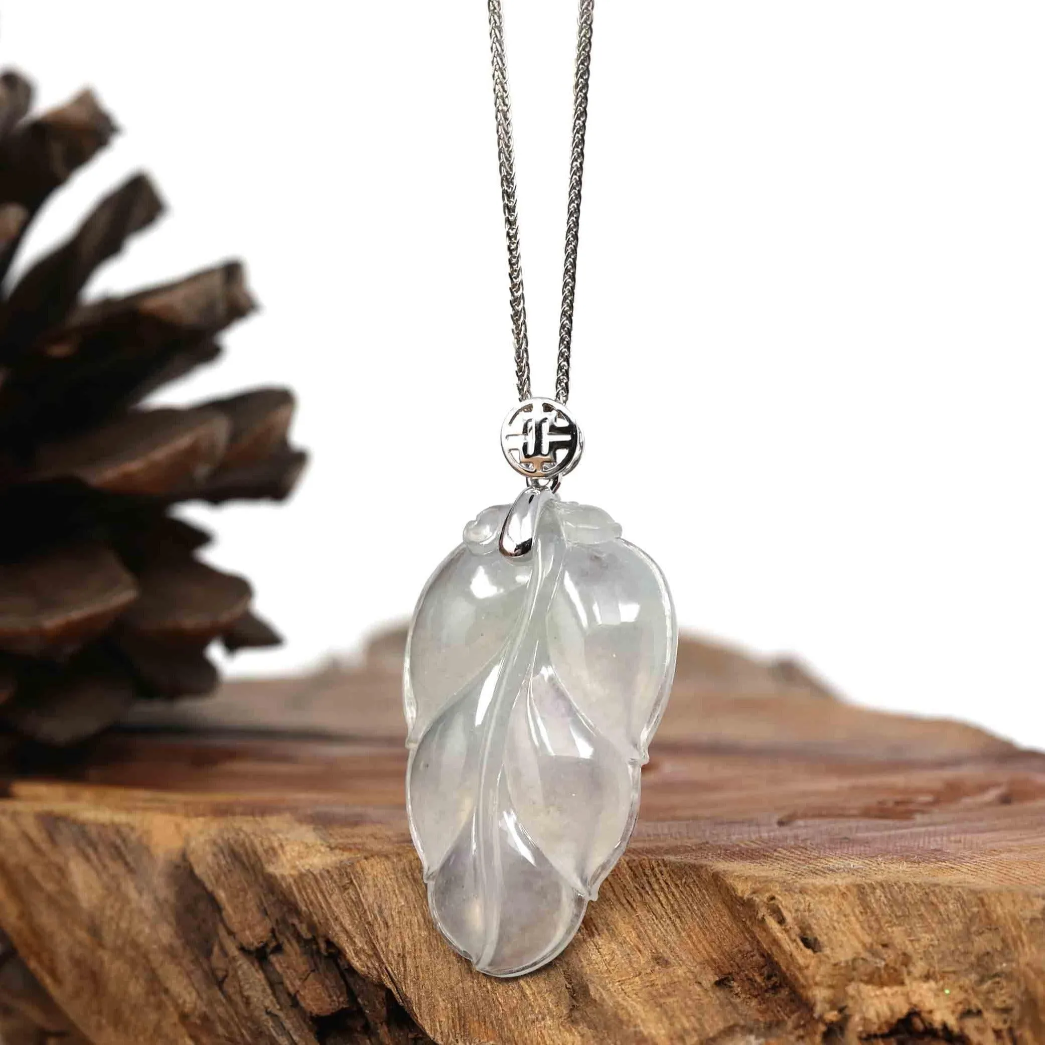 Genuine Ice Jadeite Jade Jin Zhi Yu Ye (Leaf) Necklace With White Gold Bail