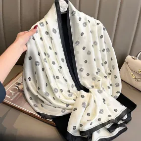 Milky White Floral Design Luxury Satin Silk Scarf