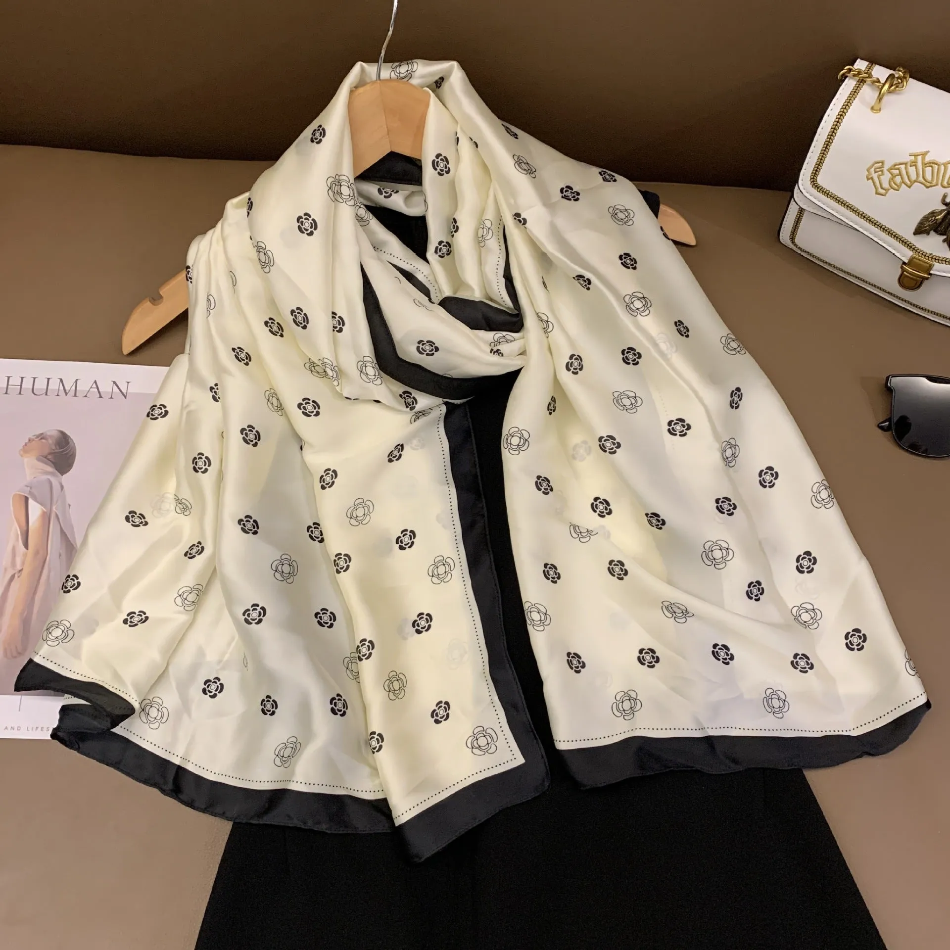 Milky White Floral Design Luxury Satin Silk Scarf