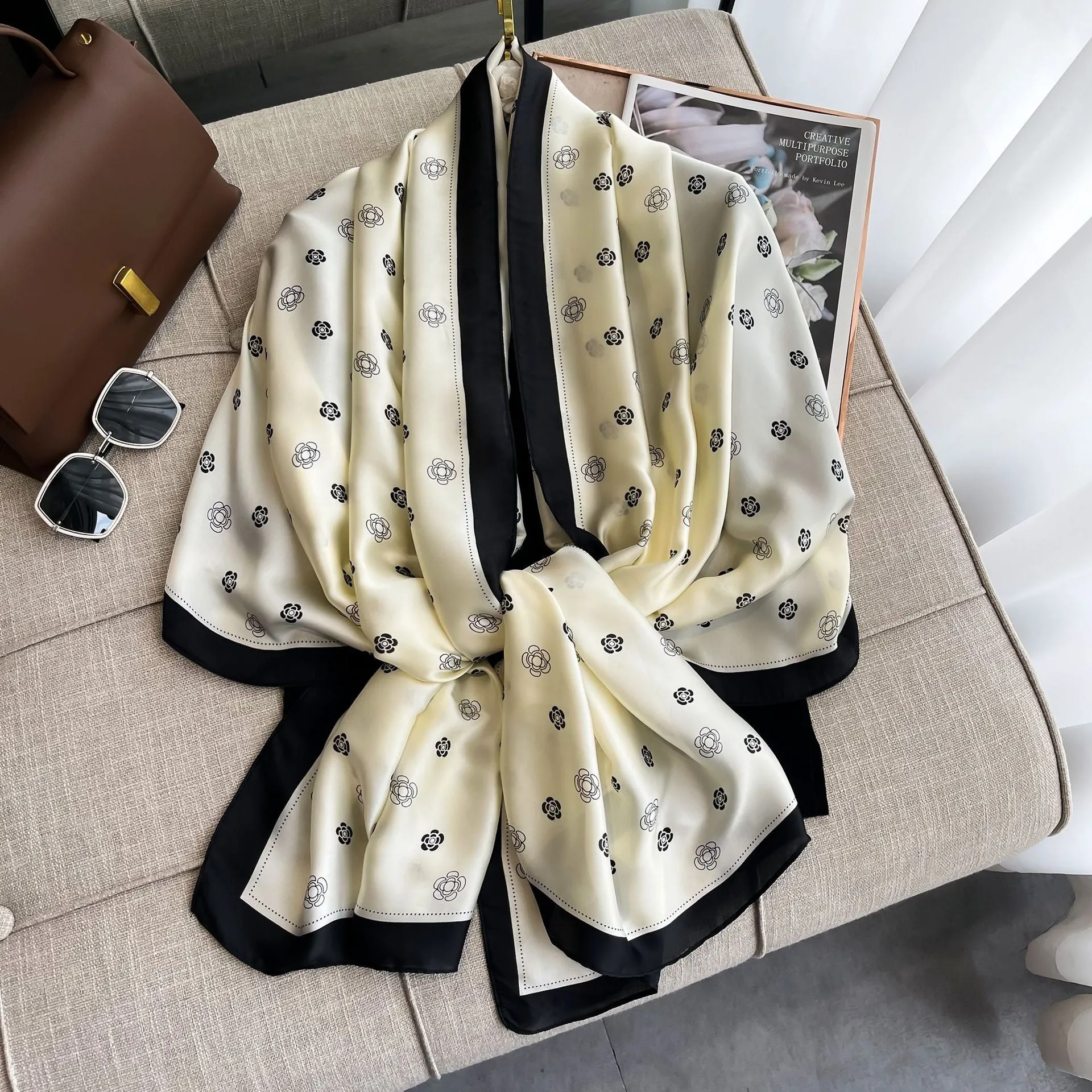 Milky White Floral Design Luxury Satin Silk Scarf