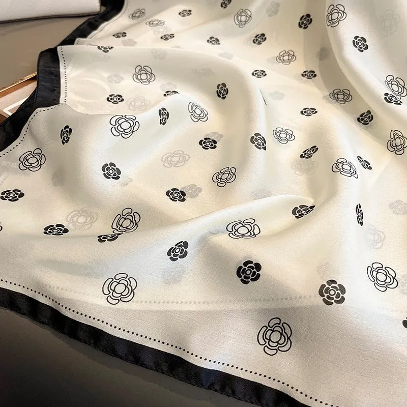 Milky White Floral Design Luxury Satin Silk Scarf
