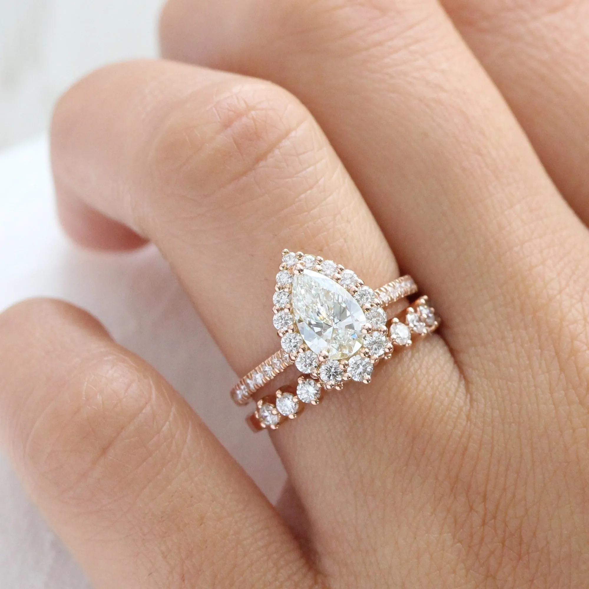 Pear Diamond Halo Pave Ring Set w/ Lab Diamond and 4 Prong Wedding Band