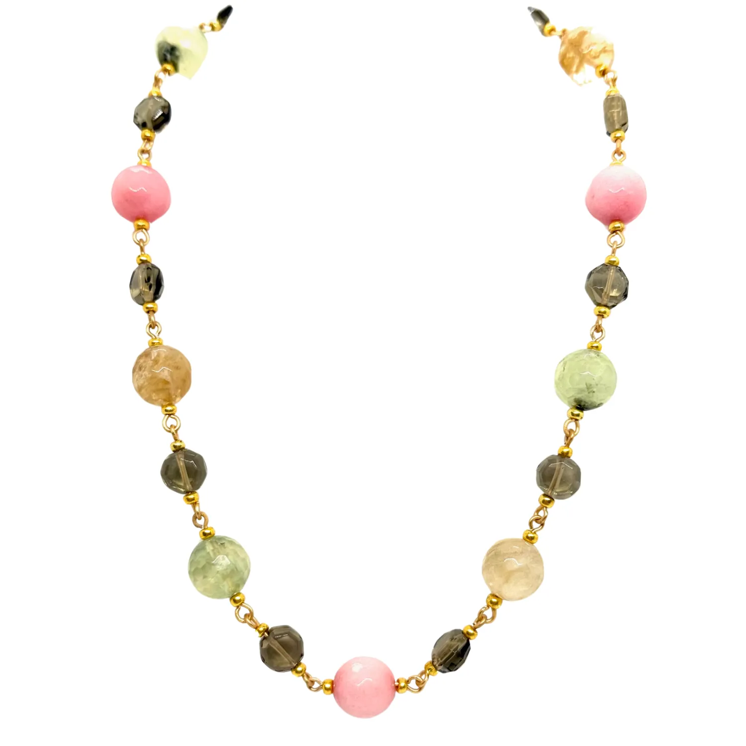 Pink Jade, Prehnite, Smoke Topaz, And Citrine Link Necklace