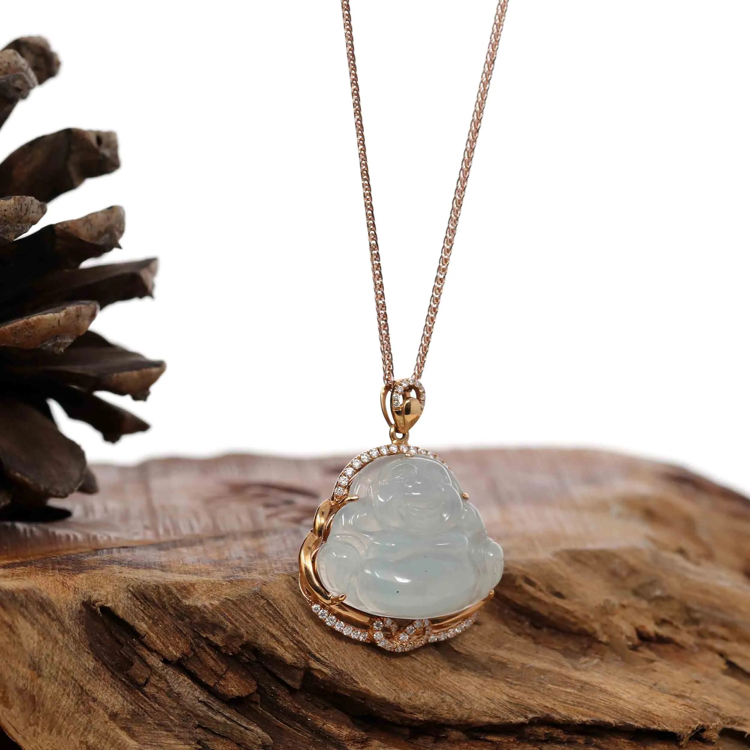 RealJade® Co. 18K Rose Gold Genuine Burmese Ice Jadeite Buddha Pendant with Diamonds