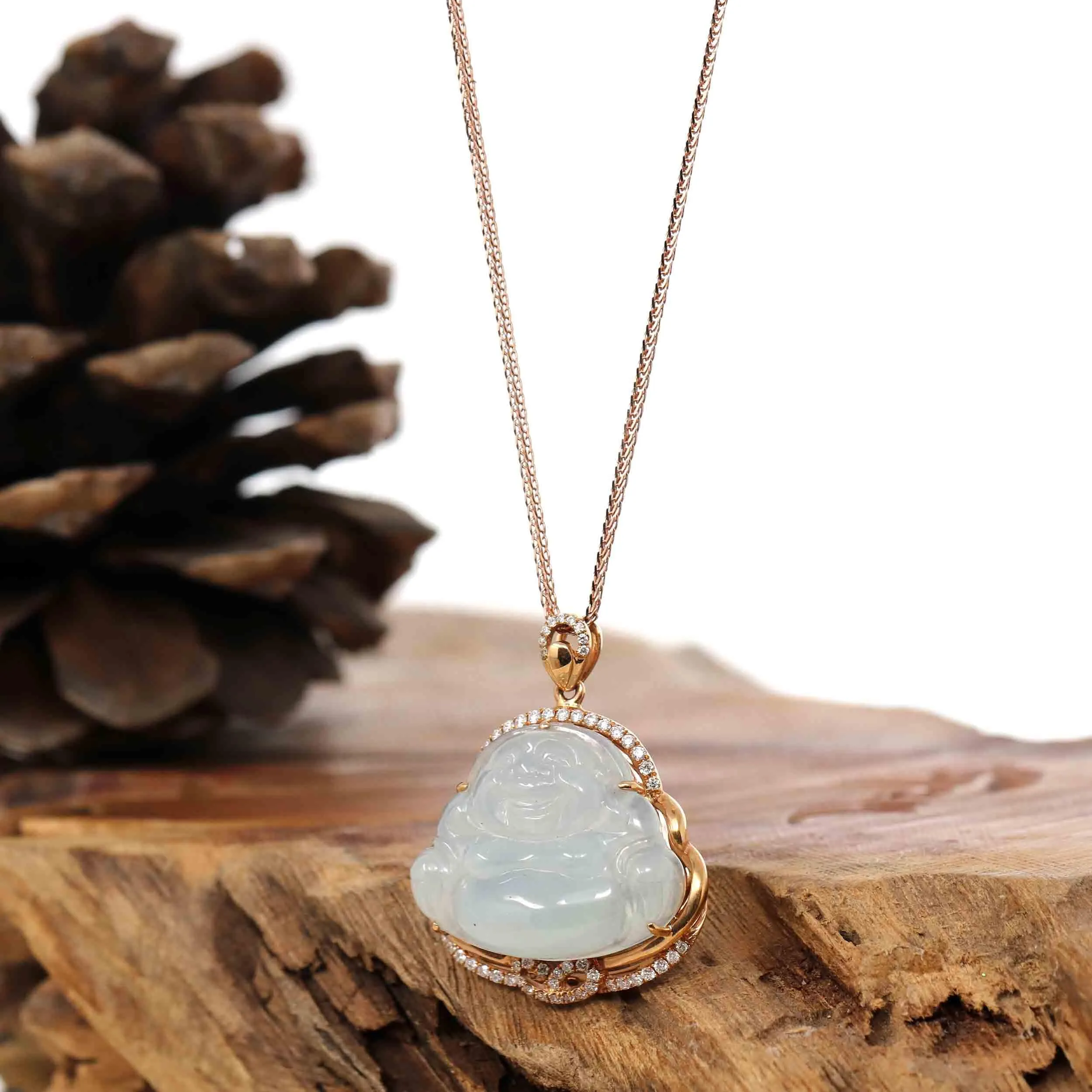 RealJade® Co. 18K Rose Gold Genuine Burmese Ice Jadeite Buddha Pendant with Diamonds