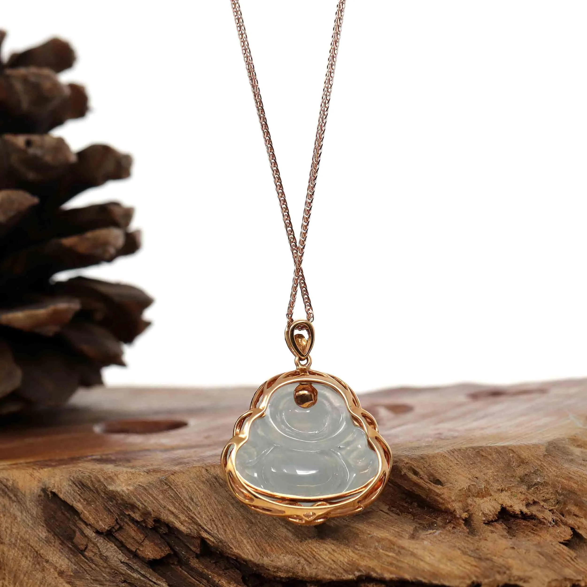 RealJade® Co. 18K Rose Gold Genuine Burmese Ice Jadeite Buddha Pendant with Diamonds