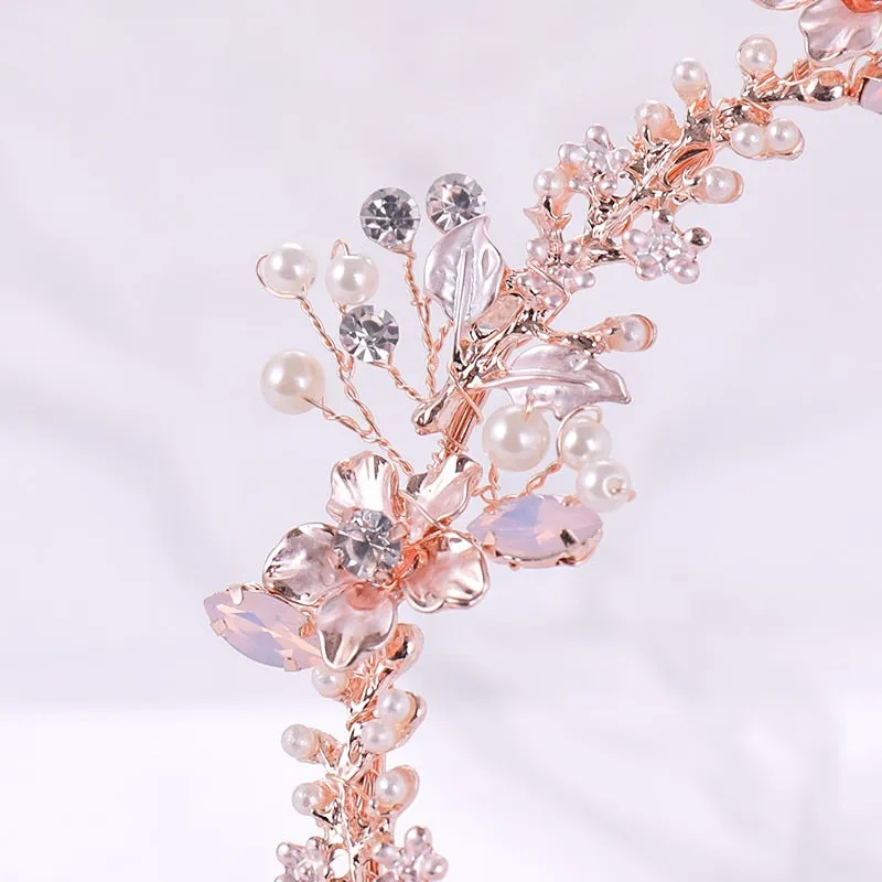 Rose Gold Crystal Pearl Flower Handmade Bridal Tiara