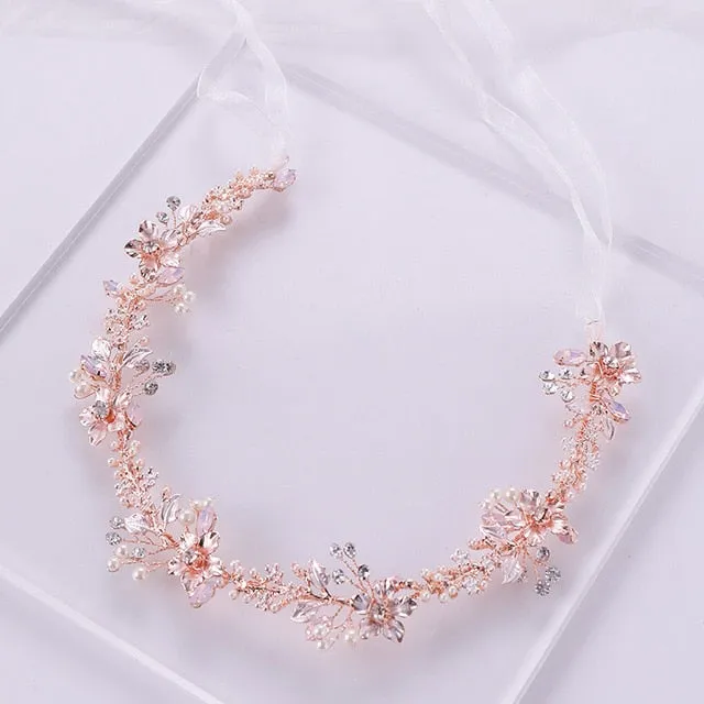 Rose Gold Crystal Pearl Flower Handmade Bridal Tiara