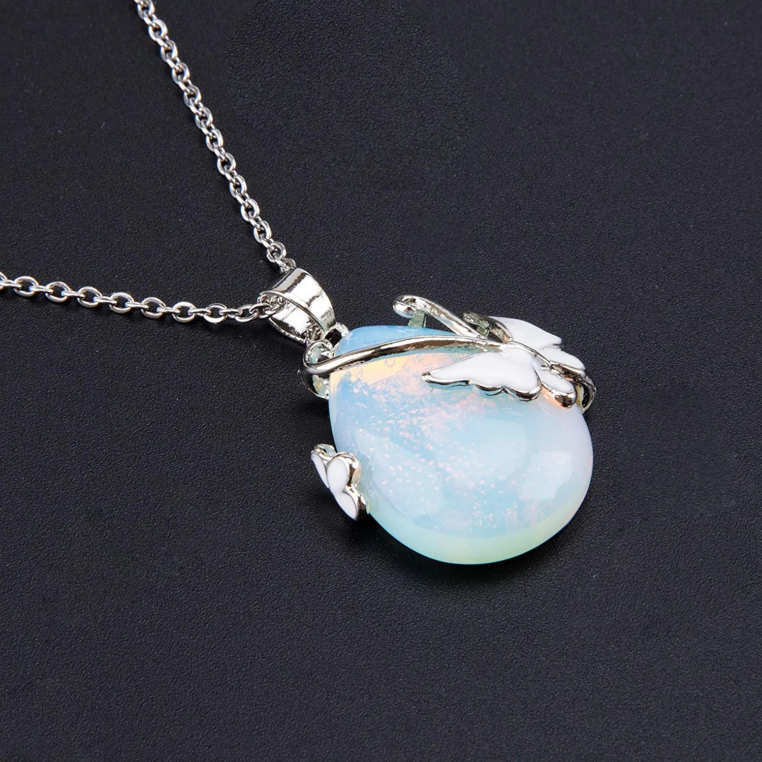 Teardrop Opalite Wire Wrap Butterfly Pendant Necklace 18"