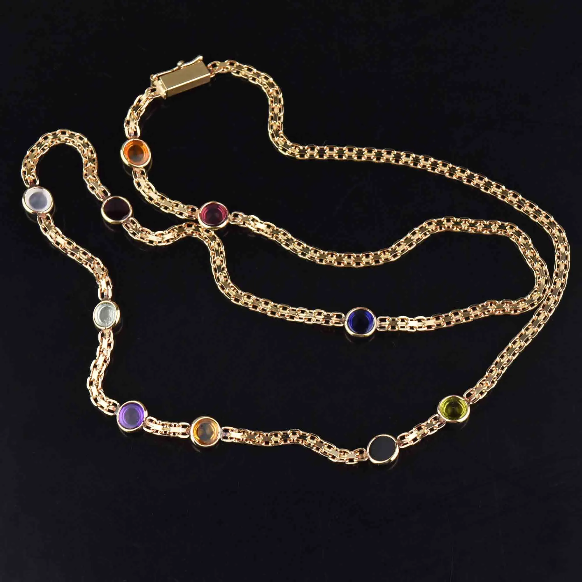 Vintage Multi Gemstone Cabochon Necklace in 14K Gold