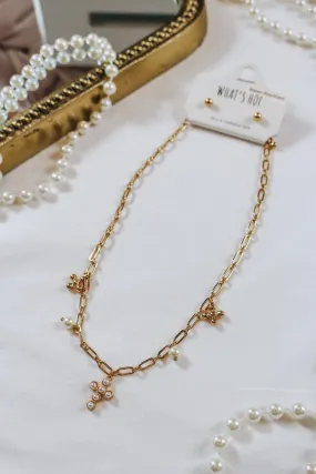 Water Resistant Gold Pearl Cross and Pearl Charm 16"-18" Necklace