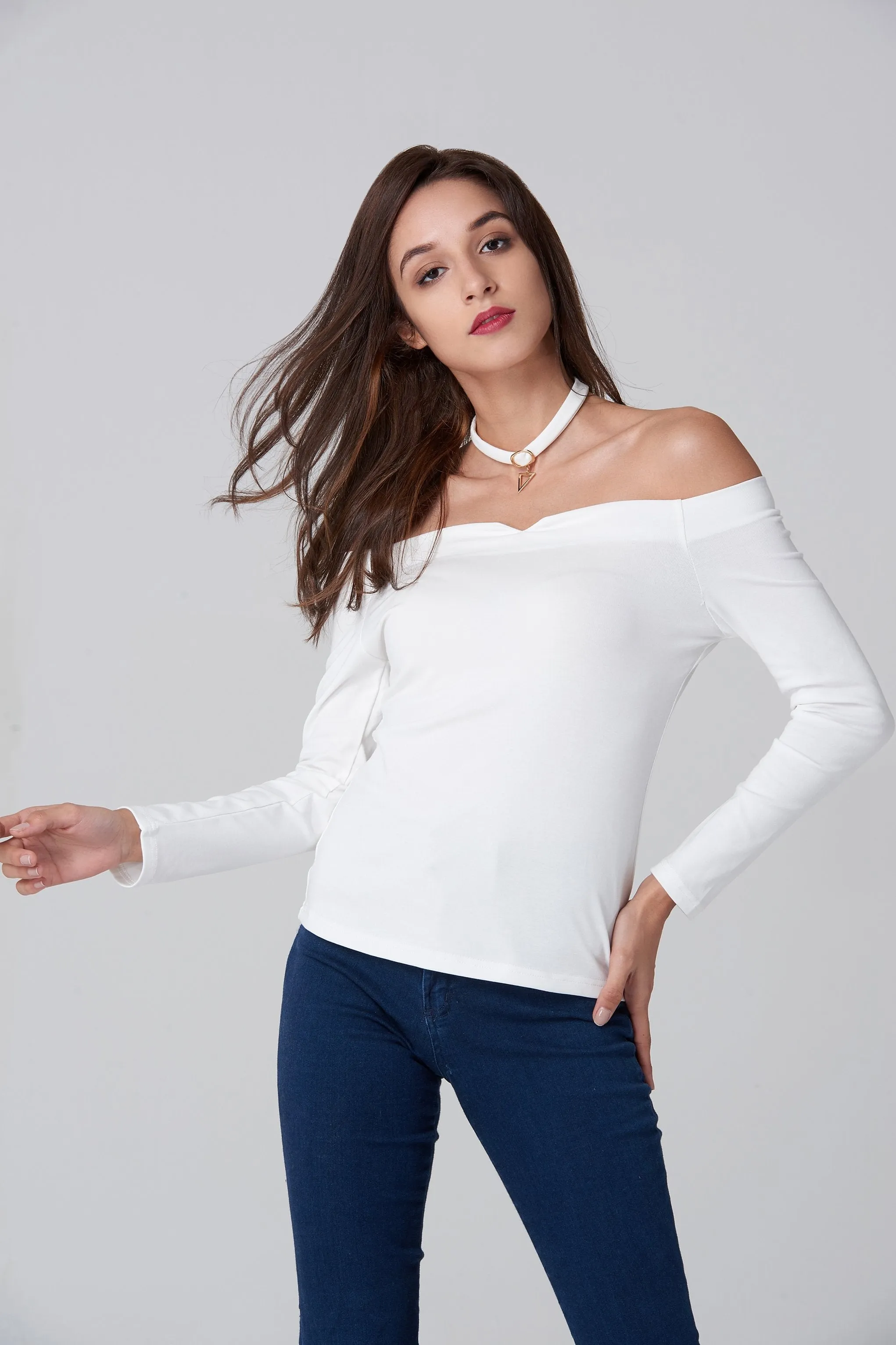 White Off the Shoulder Prism Choker Top